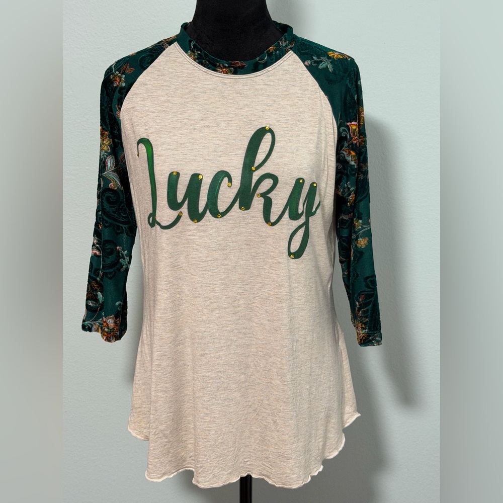 BOHO JANE Burnout Velvet Sleeve “Lucky” Baseball Tee - M